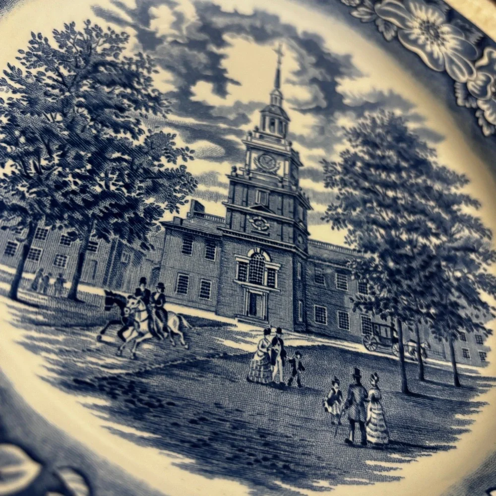 Vintage Staffordshire Liberty Bell  Blue and White Independence Hall Plate